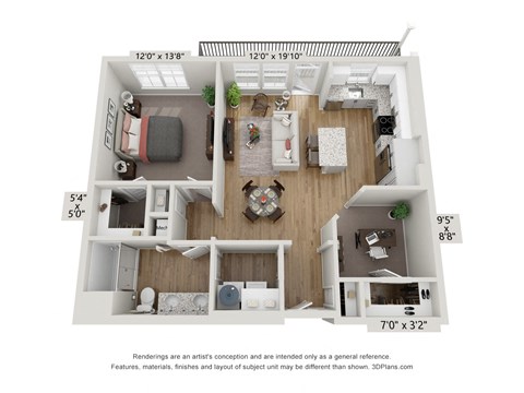 Floor plan for 1 bed, 1 bath, 893 sqft